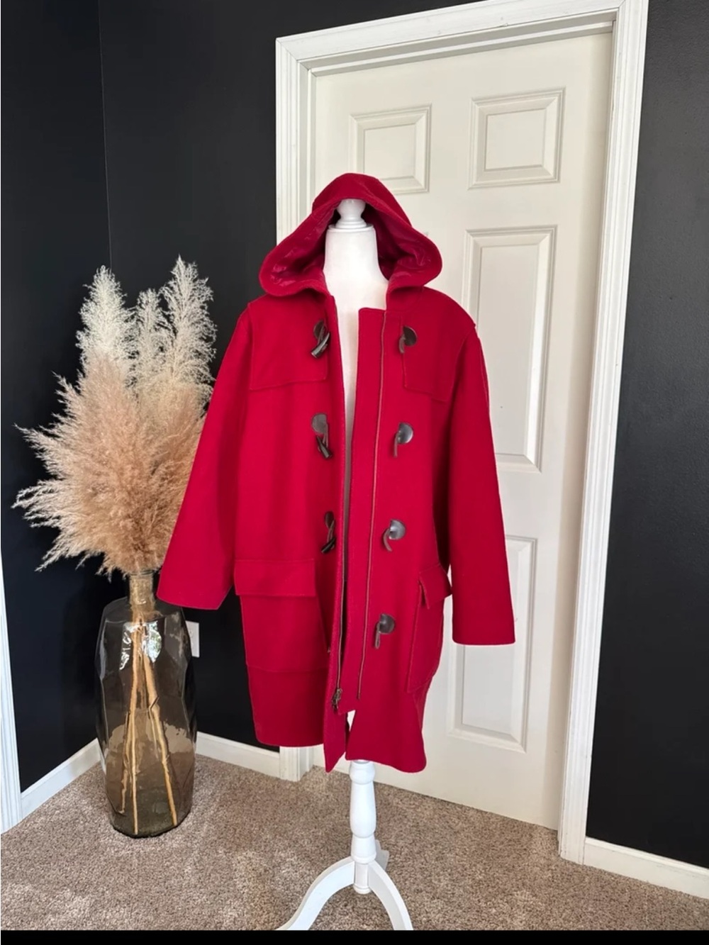 Eddie Bauer Vintage Red Wool Hooded Duffle Trench Coat size XXL